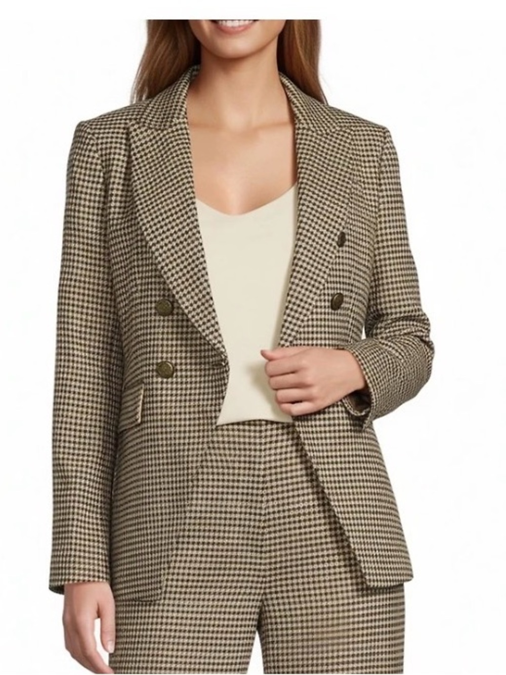 ANTONIO MELANI Tan and Black Houndstooth Double-Breasted Blazer